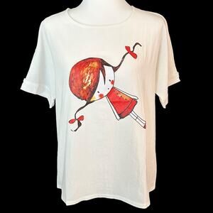 MISSLOOK Women's Top Whimsical Graphic Print Girl Pigtails Faux Linen Size M